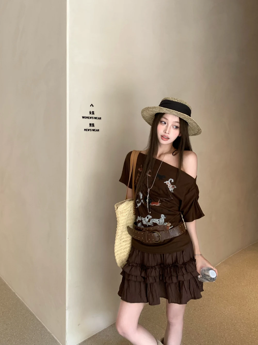 Women Brown Short Skirt Set Sexy Off-shoulder T-shirt Puppy Prints Paired Hotsweet Ruffled Layered Mini Cake Skirt Two-piece Set