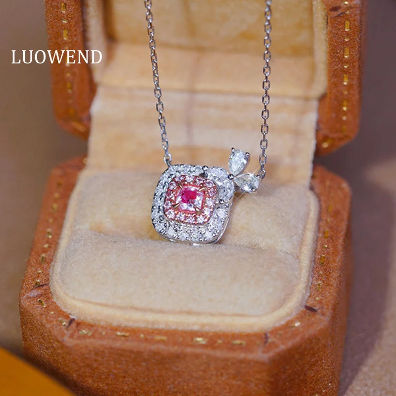 LUOWEND 100% 18K White Gold Necklace Real Natural Pink Diamond Pendant Necklace for Women Romantic Style High Engagement Jewelry