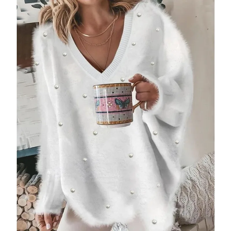 

Women's Fashion Long Sleeved Beading Sweater Temperament commuting Female Pullovers Autumn Casual Loose Knitted Tops for Women