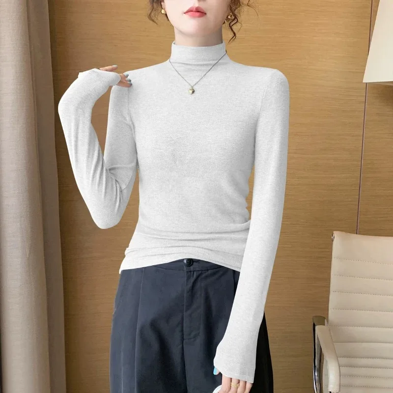 

Черная футболка с длинным рукавом и полуворотником, женская базовая рубашка, весенне-осенний топ в рубчик с длинными рукавами и резьбой, корейский стиль, облегающий крой