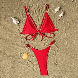 Sexy Red String Triangle Bikinis Sets Thong Swimsuit Women Metal Ring Swimwear High Cut Strój kąpielowy Brazylijskie bikini 2024 Mujer