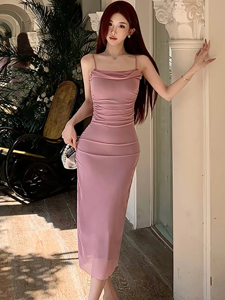 Women Purple Mesh Sexy Sling Long Dress 2024 Korean Pleated Bodycon Prom Clothes Summer Elegant Casual Chic Festival Party Dress