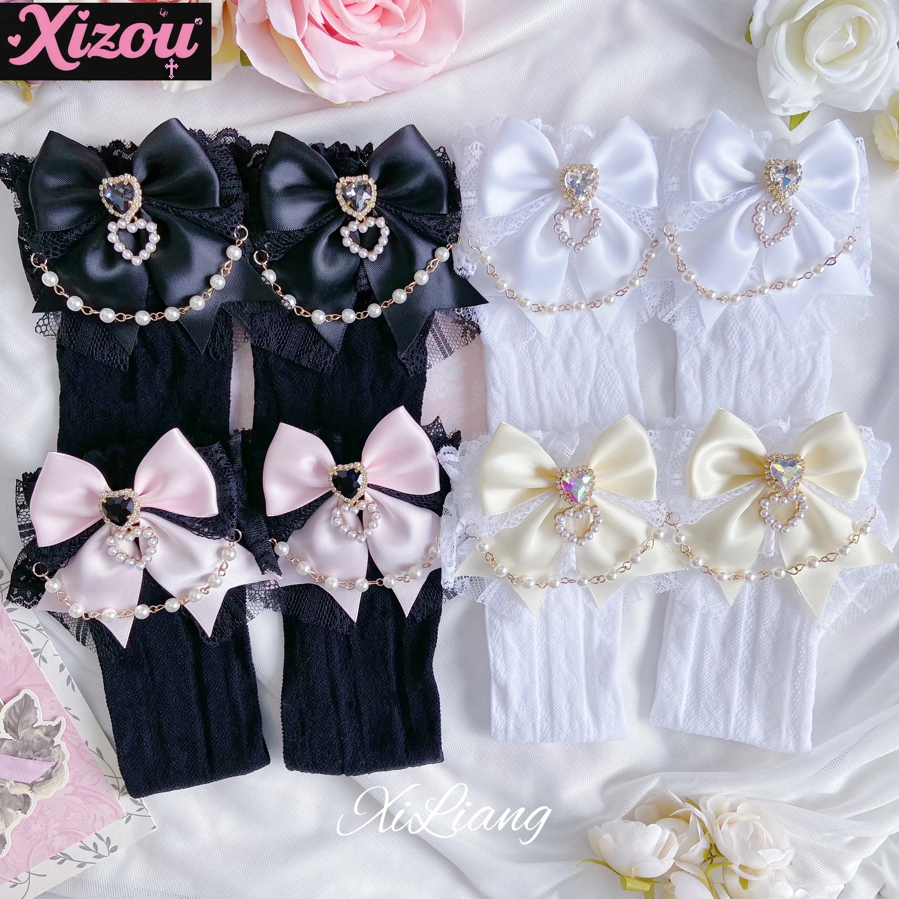 

Kawaii Japanese Style Cute White Socks Girls Sweet Lolita Bow Pearl Heart Lace Socks for Women Spring Summer Mine Mid-Calf Socks