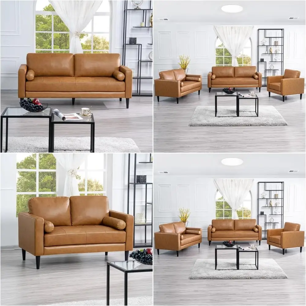 

Tan Genuine Leather Sofa Set - Modern Living Room Furniture with Wooden Legs - Luxury Couch for Home or Office