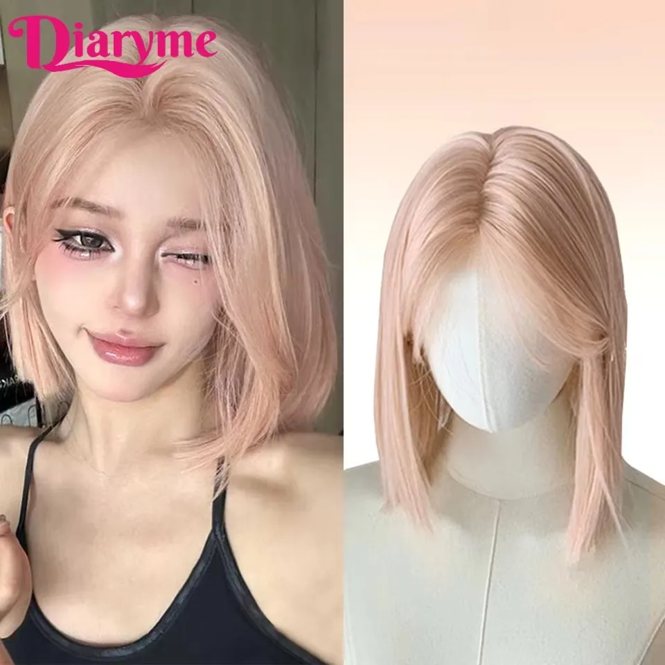 Pink Gold Color Short Bob Wig with Bangs Middle Part Natural Looking Synthetic Hair for Girls Daily Colsplay Party Halloween Use