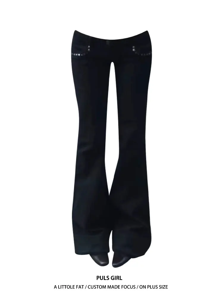 

Женские джинсы-клеш с низкой талией, облегающие, больших размеров, в американском ретро-стиле, с эффектом потертости, с заклепками, повседневные, прямого кроя