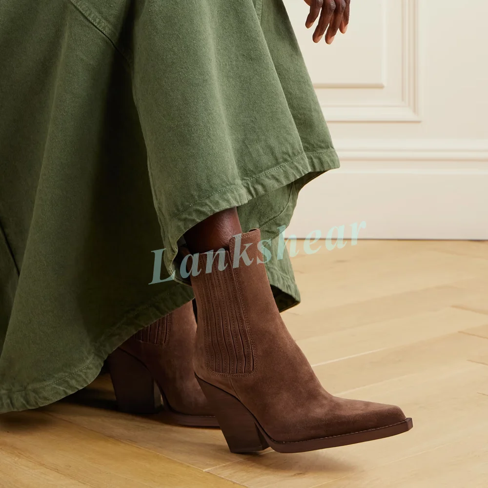 Brown Suede Western Chelsea Ankle Boots for Women Sharp Pointed Toe Chunky Block Heel Stretch Elastic Side Panels Slip On Casual