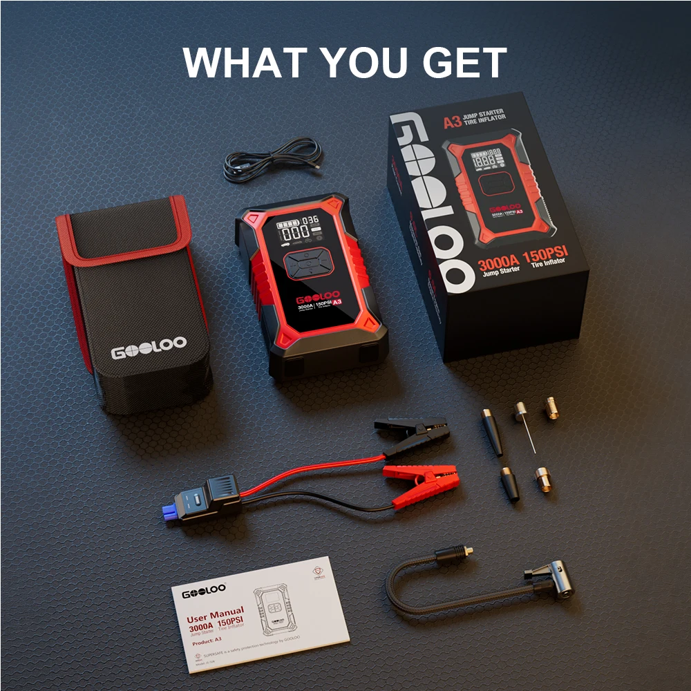 GOOLOO A3 Jump Starter with Air Compressor, 3000A Portable Car Battery Booster (9.0 Gas/6.5L Diesel) with 150PSI Auto-Shutoff Ti image 8