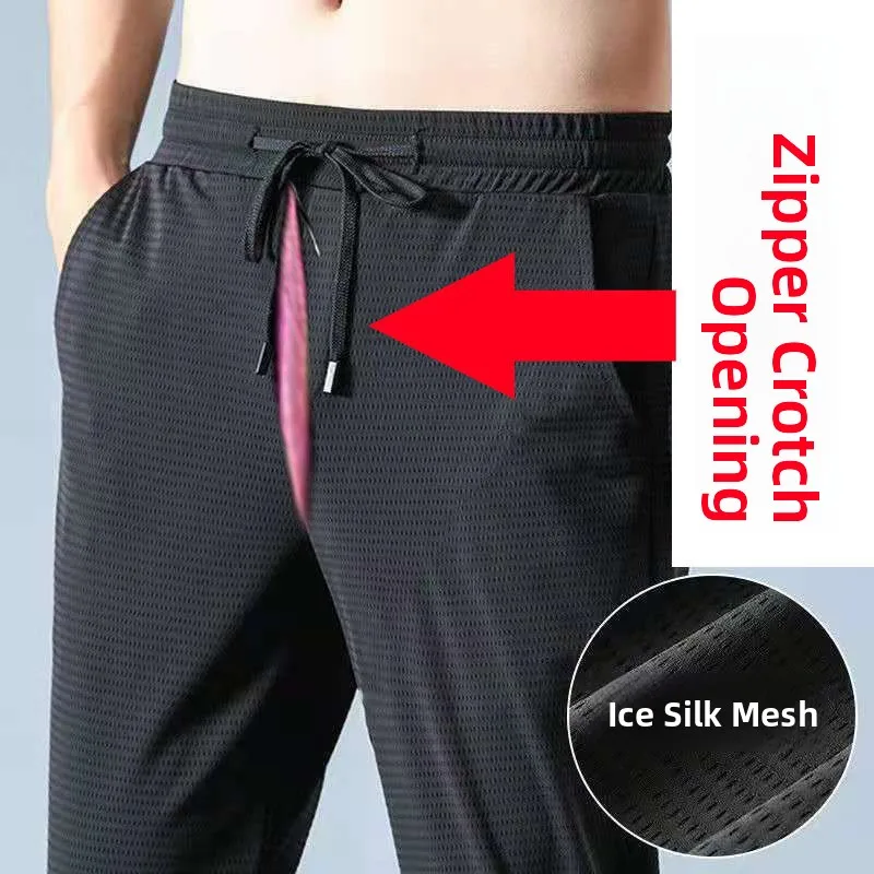 Ice Silk Men's Mesh Quick Dry Double Head Invisible Zipper Open Crotch Loose Large Size Air Conditioning Cool Ankle Pants