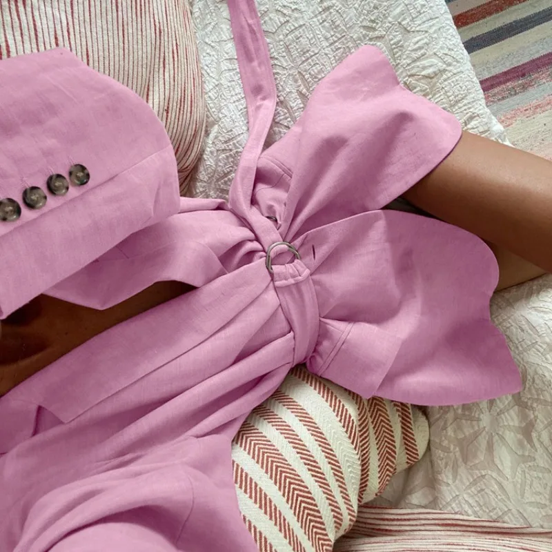 2025 موضة القطن الكتان سترة فستان قصير المرأة موضة التلبيب كم طويل التعادل قميص فستان البدلة تنورة