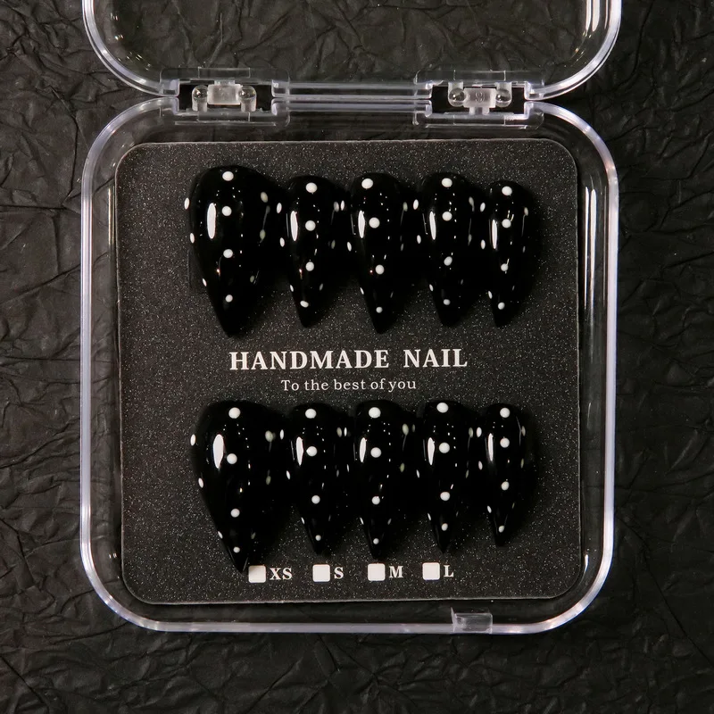Handmade Black White Polka Dot Stiletto Press On Nails Glossy Fake Nail Tips Reusable Long Pointed False Nails For Nail Art Salo