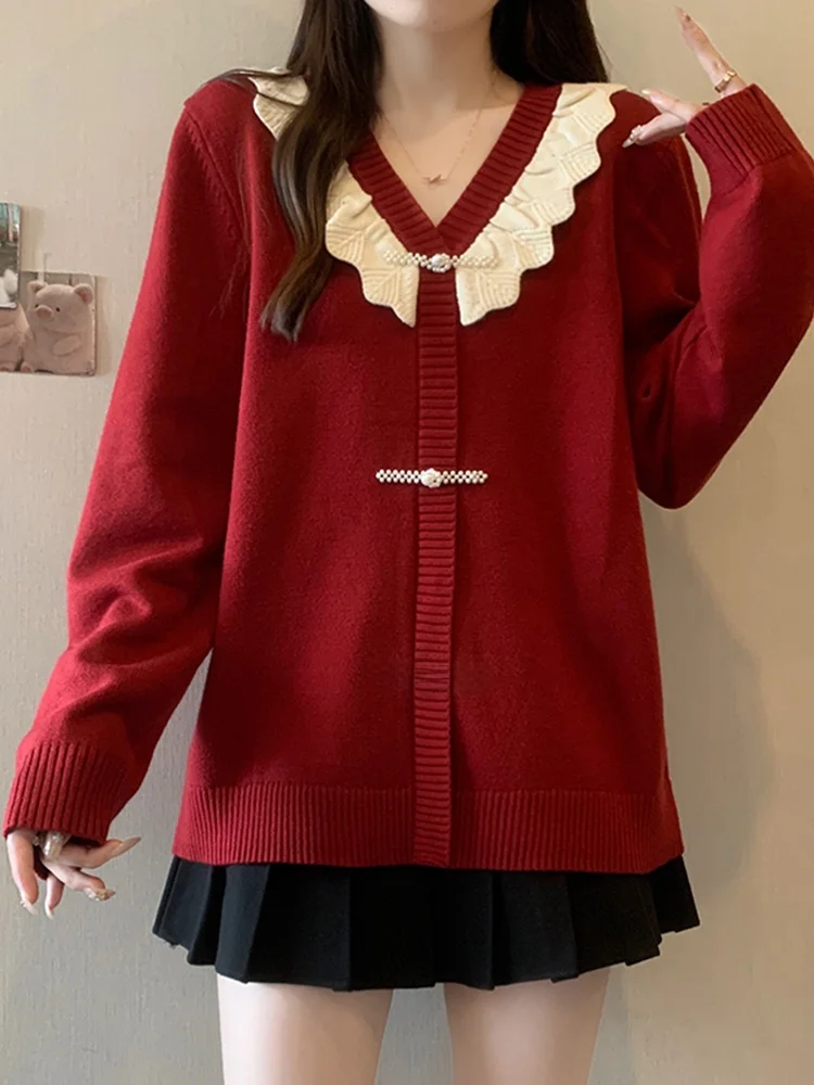 

Женский зимний кардиган крупного размера с V-образным вырезом и кружевом, вязаный, свободный, с эффектом люкс, в корейском стиле, для повседневной носки