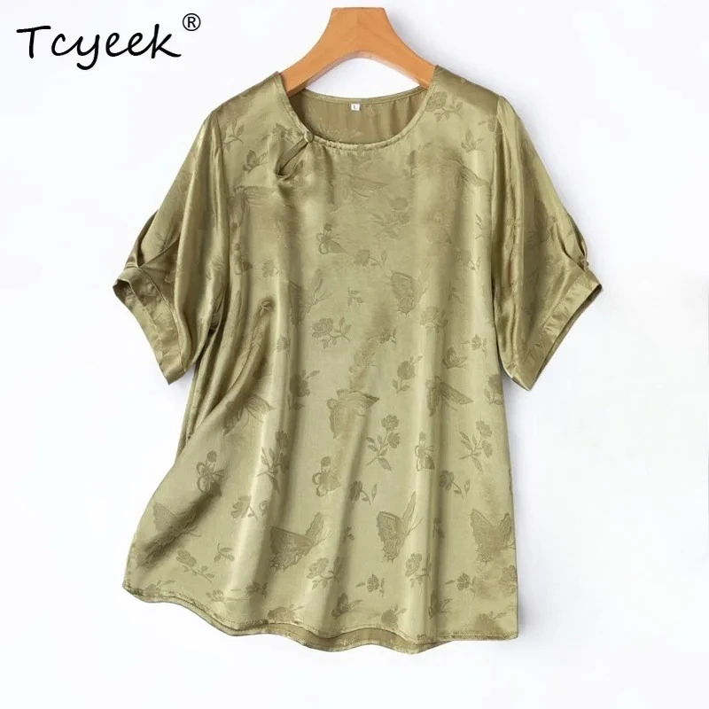 

Tcyeek 100% Real Silk T-shirt Fashion Womens Tops 2026 Summer Clothes Lantern Short Sleeve Top Woman Clothing Топ Женский
