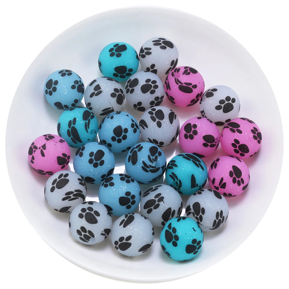 New Products 100PCS 15mm Glitter Paw Print Silicone Beads Baby Round DIY Beaded Pen Chewing Toy Accessories