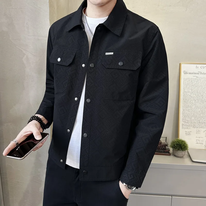 

Faionable Men's Jaet Turn-down Collar Versatile Trendy Streetwear Sle Spring Autumn Polyester Cotton Blend