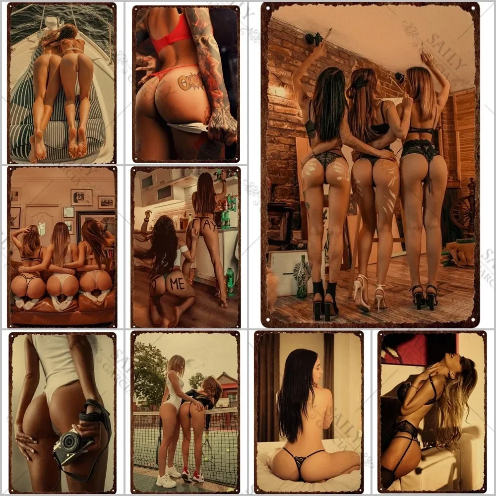 Sexy Nude Girls Metal Print Plates Posters Bikini Beauty Tin Sign Plaques Man Cave Decor Pub Bar Sign Fashion Art Metal Pictures