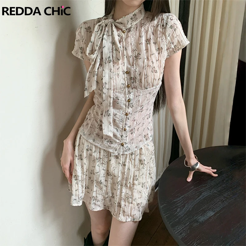 

ReddaChic Floral Chiffon Blouse Skirt Set Ribbon Button Down Lace Edge Short Sleeve Shirt Mini Dress Vacation Women Clothing