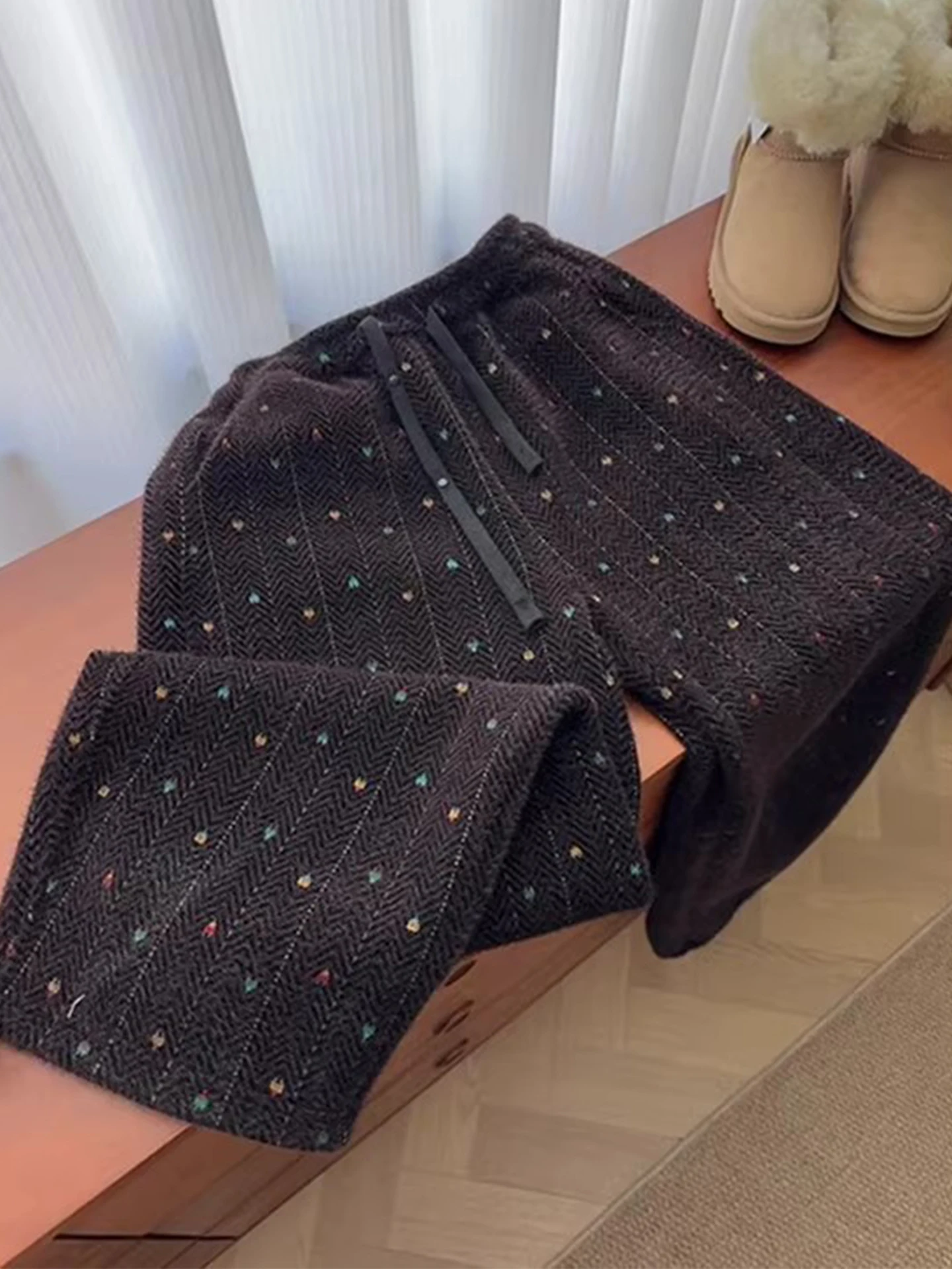 

Вязаные прямые брюки унисекс с вышивкой «Радужная ночь» и звездами, весна-осень, плотные, с эффектом драпировки