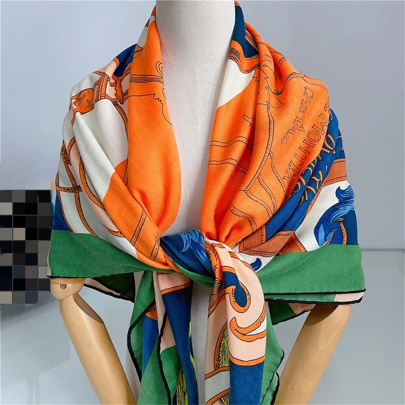 135CM Winter Thicken Silk Cashmere Scarf Women Hand Rolled Shawls Belts Print Square Scarves Wraps Bandana Big Hijabs Female