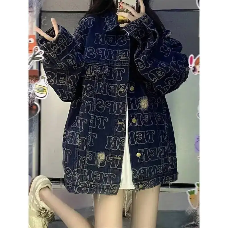 Lose Fit Koreanischen Stil Denim Heißer Verkauf Der Saison Neue Volle Druck Logo Loch Design Kragen Paar der Jacke top Für Frauen