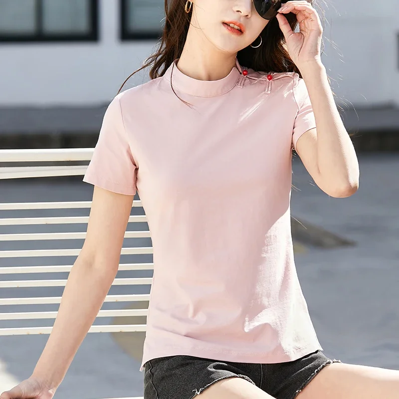 Summer New Side Button Round Neck Simple Short Sleeve Top Cotton Women's Slim Fit Solid T-shirt