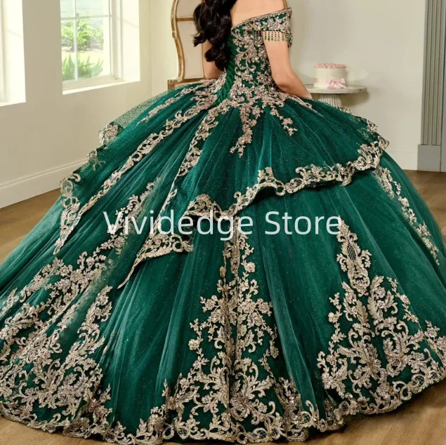 Customized Emerald Green Ball Gown Quinceanera Dresses 2025 Gold Applique 15th Birthday Party vestidos de 15 quinceañera