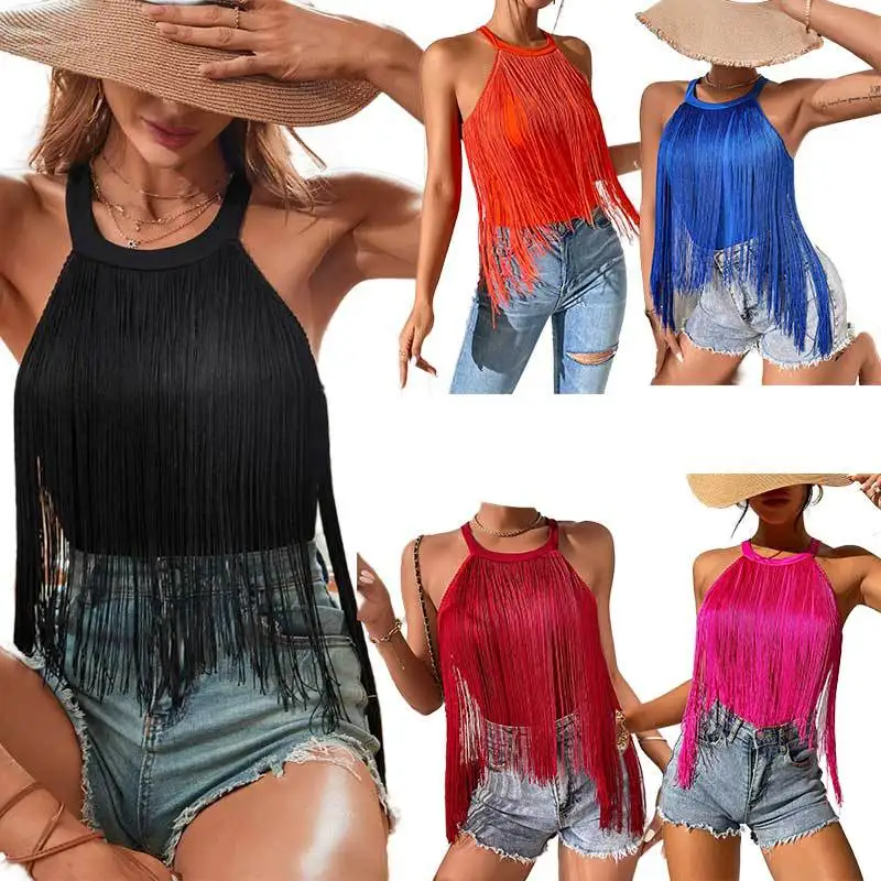 Women's Vest Fringe Trim Halter Neck Crop Top Tassel Sleeveless Backless Black White Pink Cami Tank Tops Y2K Summer Beach Top