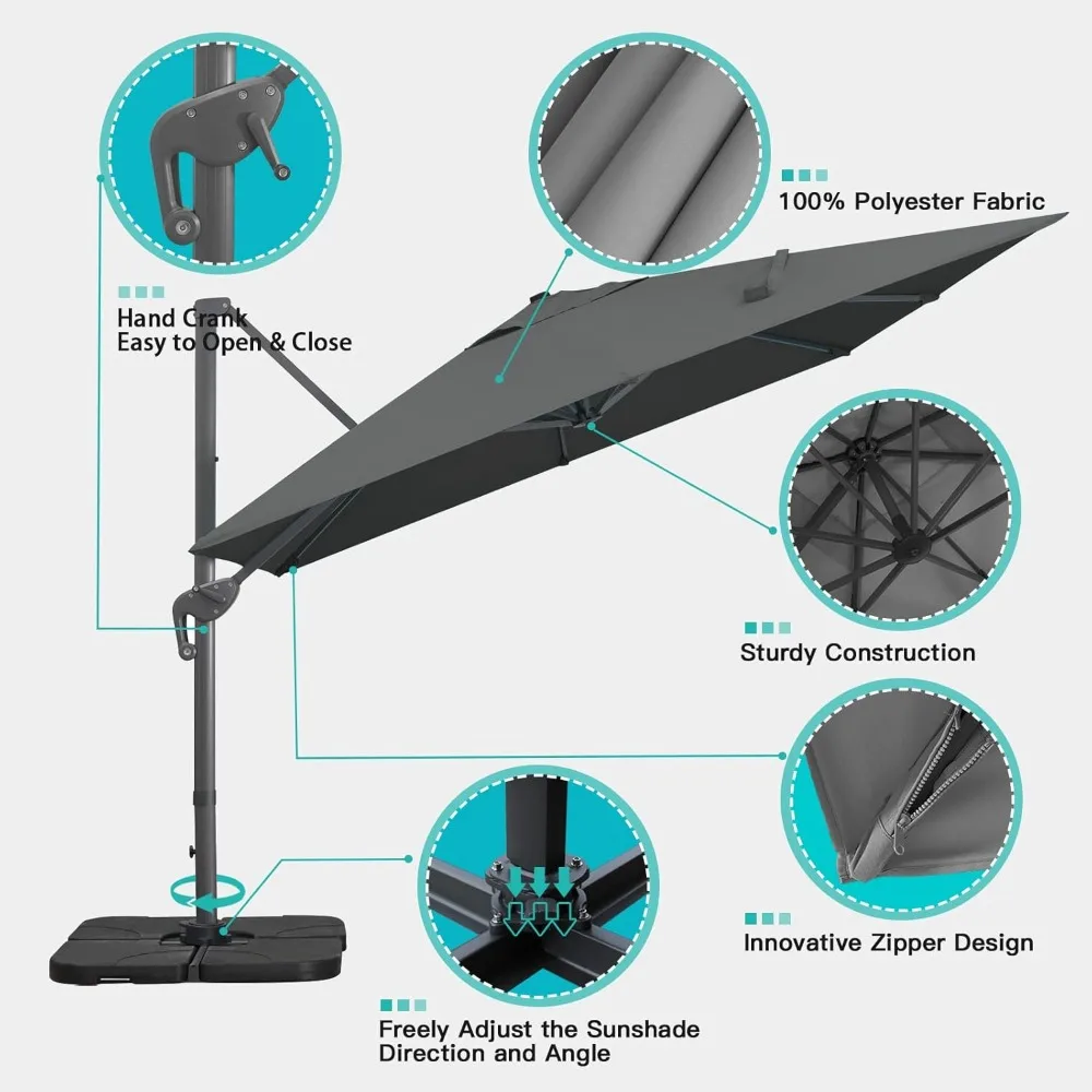 10x13Ft Cantilever Patio Umbrella Rectangular Deluxe Offset Umbrella 360°Rotation & Integrated Tilting System Patio Hanging Umb