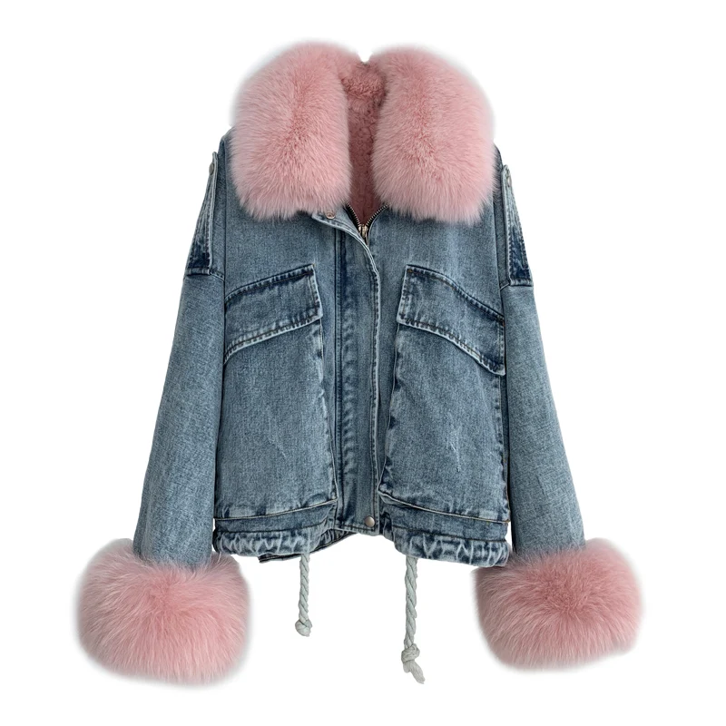 Removable Natural Rex Rabbit Fur Inner Women Coats and Jackets Fox Fur Collar New Winter Female Real Fur Denim Coat Parkas