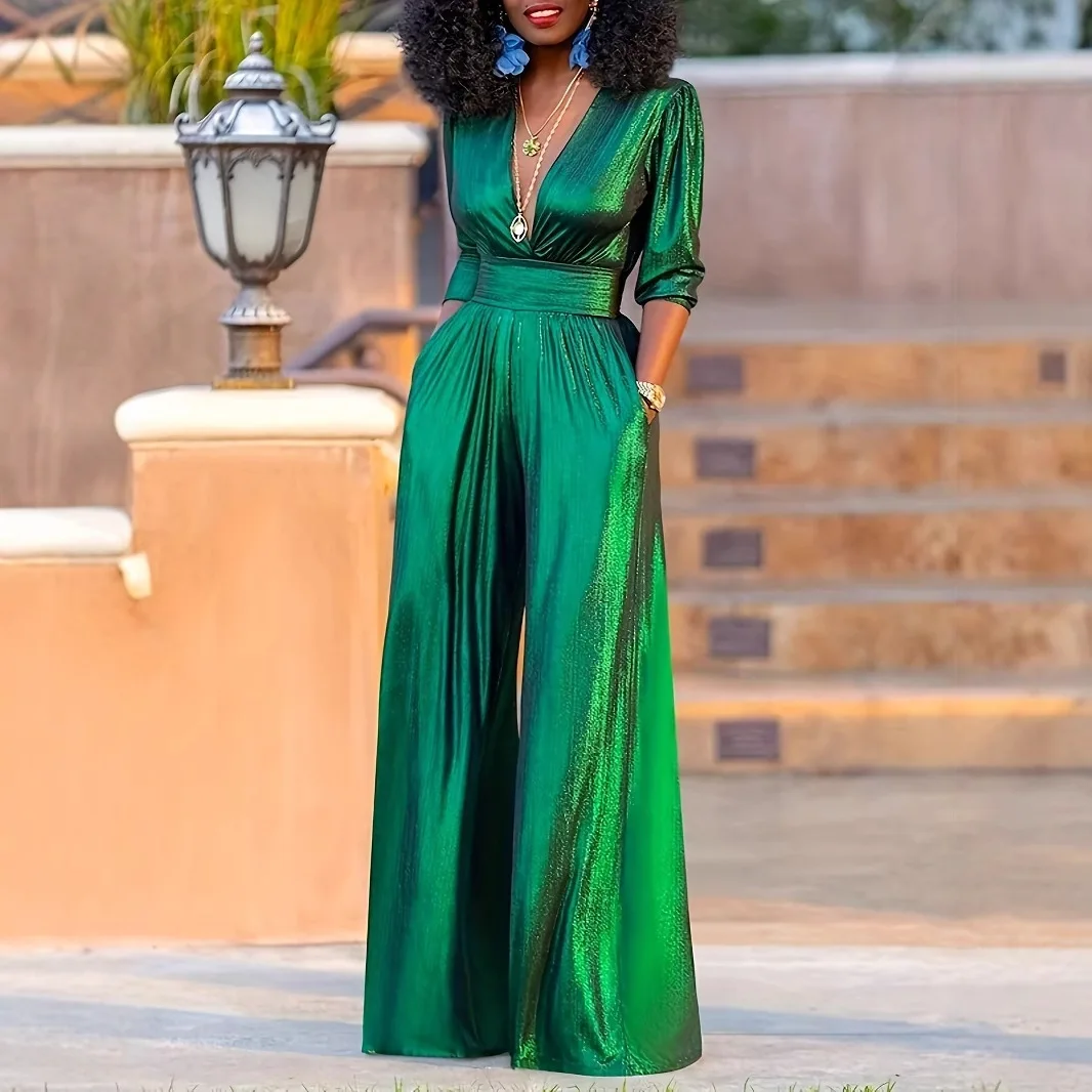 Woman Clothes Jumpsuits Women's Autumn Sexy V-neck Long-sleeved Bronzing Jumpsuit Overalls For Women's Bodysuit Long Jumpsuits