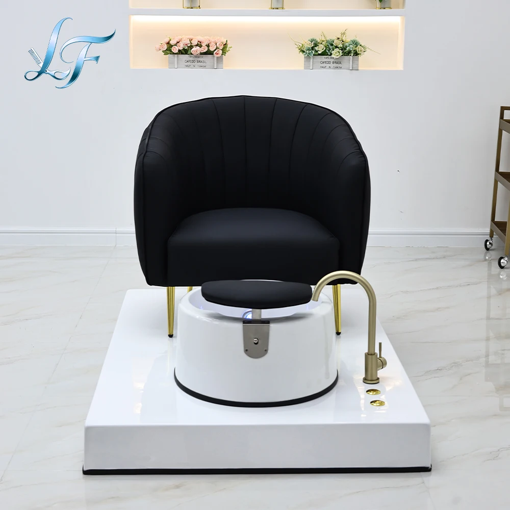 Custom Luxury Foot Spa Pedicure Chair PU Leather Gold Trim Comfortable Tub Salon Furniture