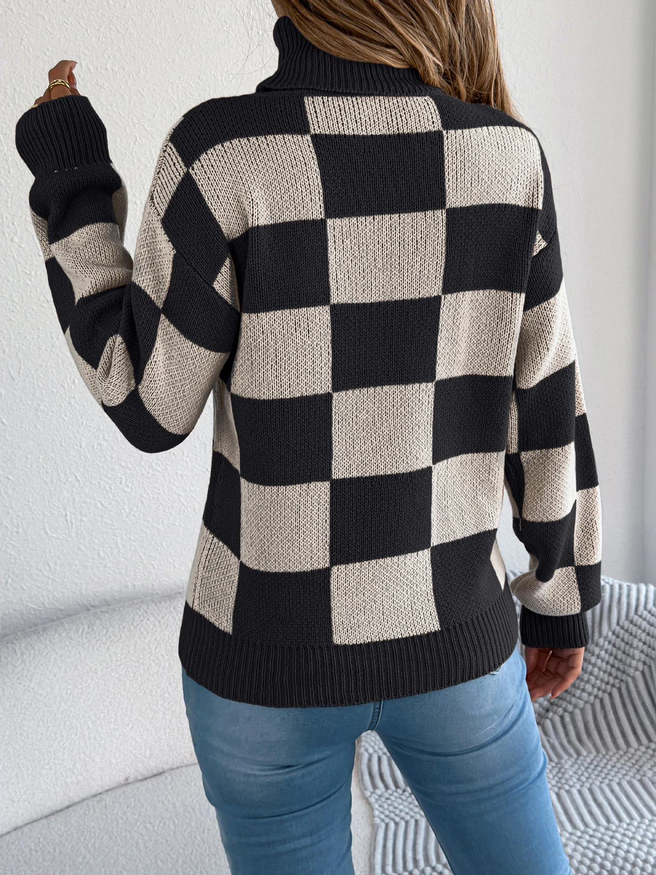 Women Plaid Color Block Turtleneck Pullover Sweater Long Sleeve Fall Winter Vacation Ready Knit Tops