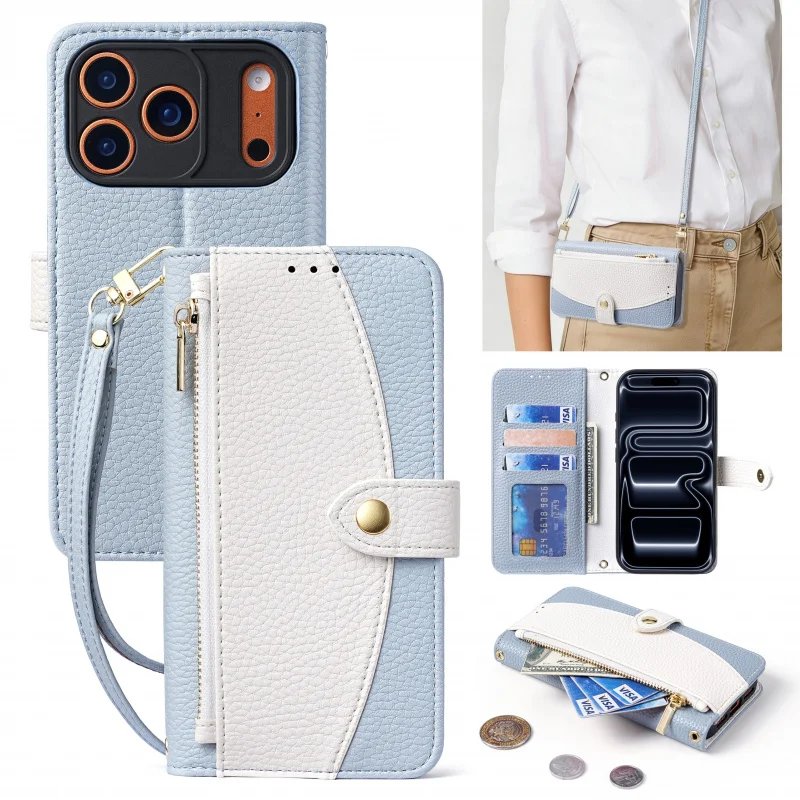 

Crossbody Strap Leather Wallet Cards Slot Phone Case for IPhone 16 17 17 Pro max 16 15 14 13 Pro Stand Protective Cover
