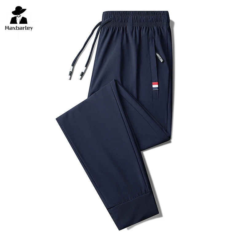 Pantalones de seda para hombre, pantalones elásticos de pierna recta de secado rápido, informales, transpirables, para correr al aire libre, moda de negocios de verano