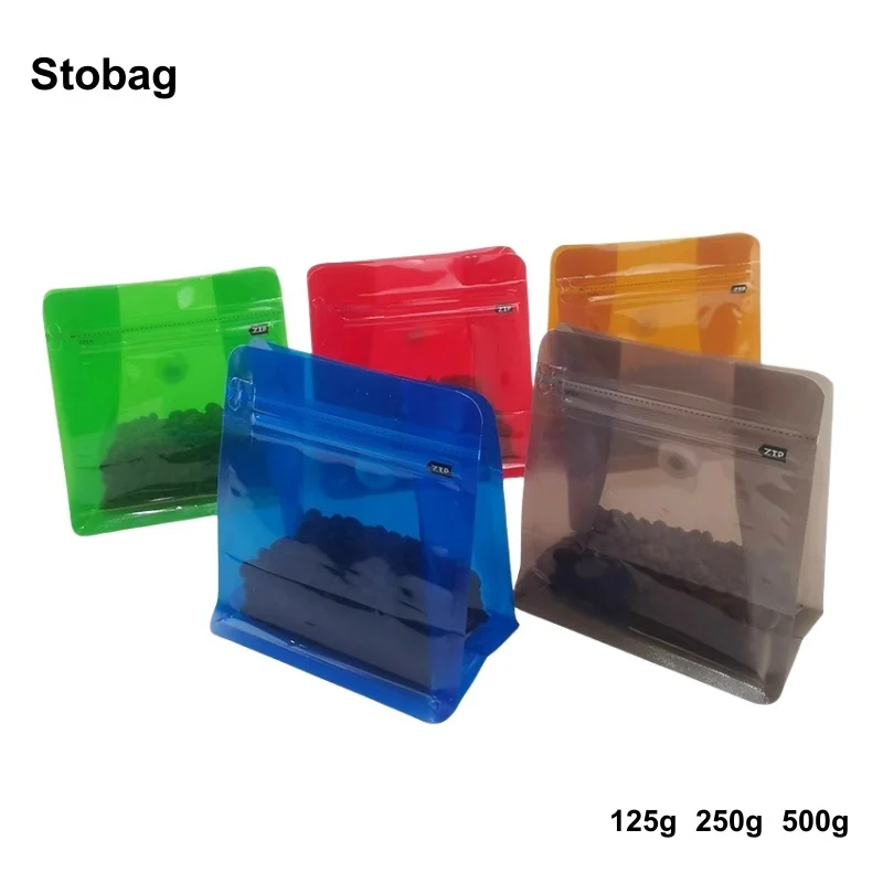 StoBag 20pcs Transparent Color Coffee Beans Packaging Bag with Valve Ziplock Sealed for Powder Food Nuts Storage Reusable Pouch