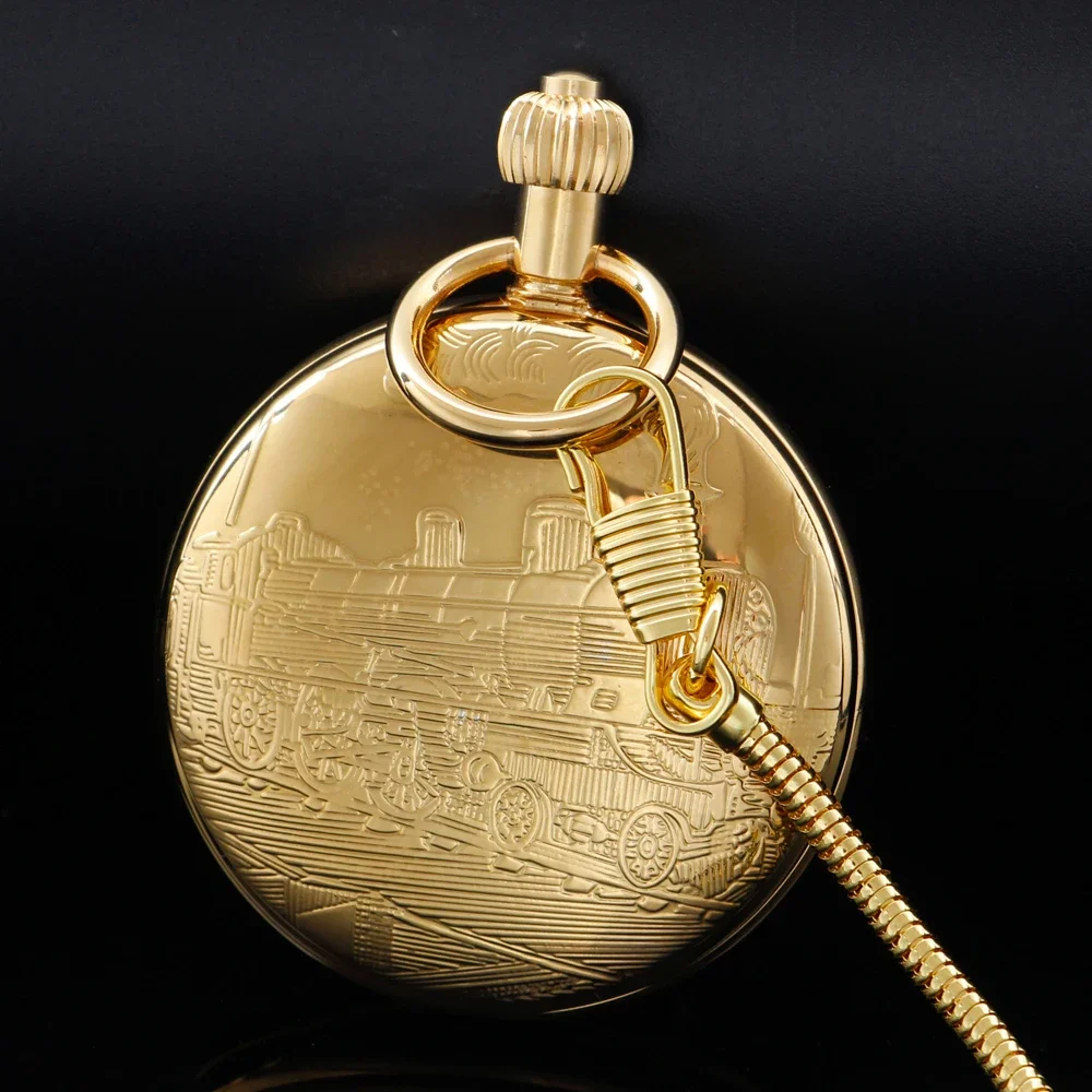 Vintage Gold Train London Design Mechanical Pocket Watch with Chain Stainless Steel Mens Pocket Watches Gifts