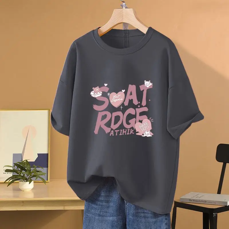 Women's Clothing Pure Cotton Loose T-shirt Summer Love Dopamine Letter Short Sleeve Casual Tees Lady Basic O-neck Versatile Tops