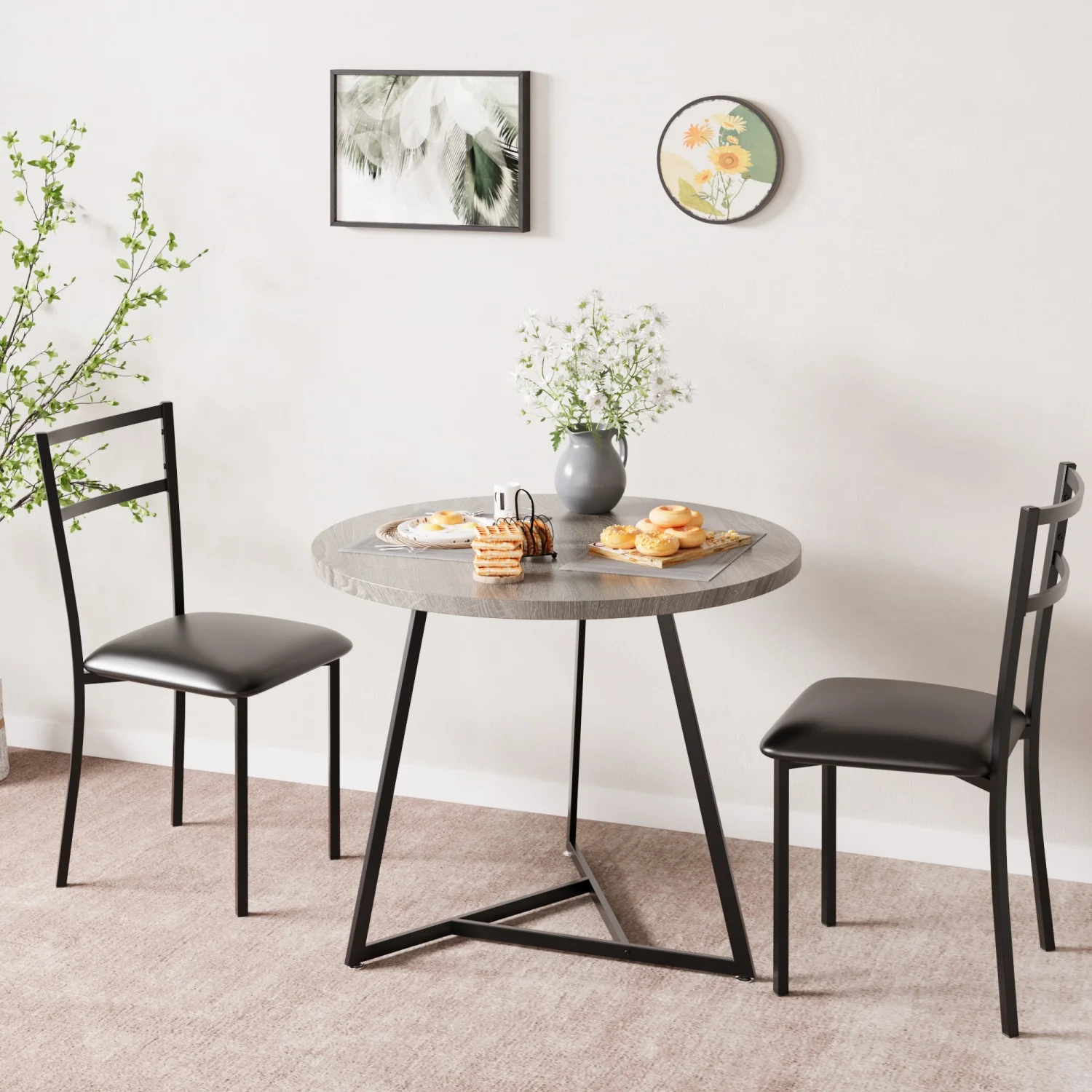 Round Dining Table Set for 2,  Dining Table with 2 Upholstered Chairs, , 3 Pcs Kitchen Table Set for Small Space, Apartment