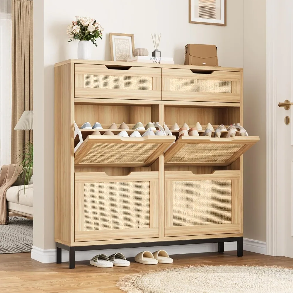 Rattan Shoe Cabinet for Entryway with 4 Flip Drawers & 2 Top Drawers, Freestanding Narrow Shoe Storage Cabinet with Metal Legs f
