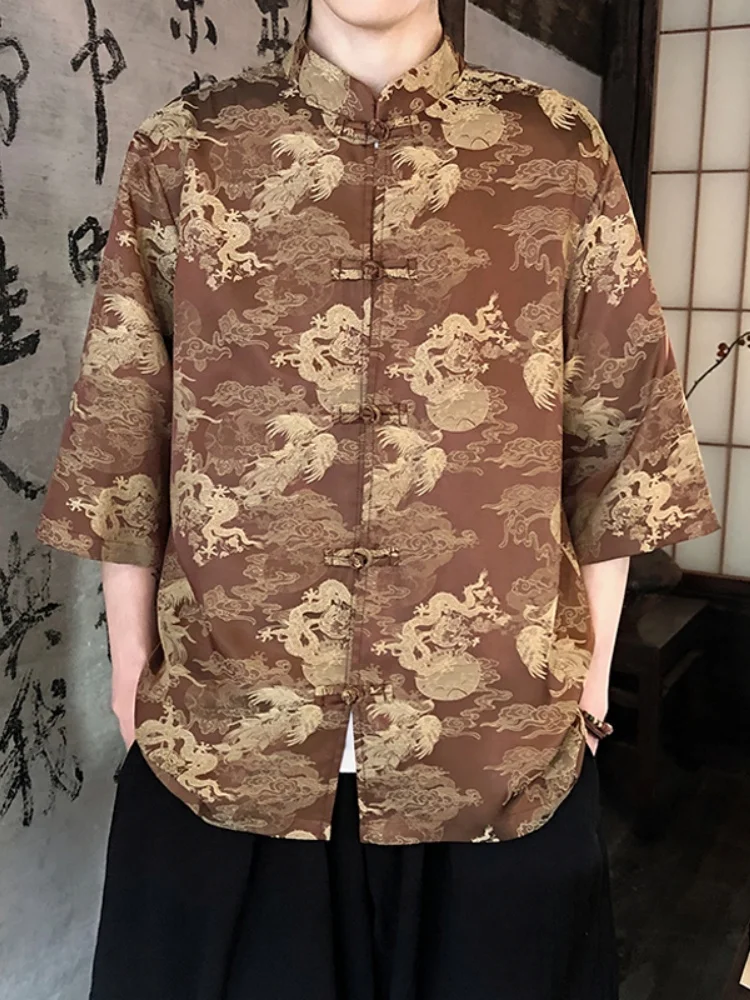 

Retro Dragon Print ort Sve Men's irt Summer 2025 Button Design Stand Collar High-End Feeling Loose Fit Youth Faion