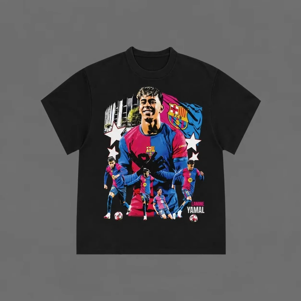 2026 New Trendy Unisex Graphic T-Shirt, Lamine Yamal FC Barcelona Vintage Collage Chest Print Streetwear Tee