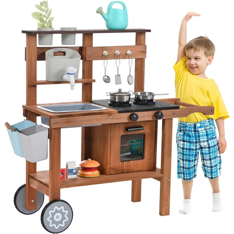 Dapur Lumpur untuk Anak-Anak di Luar Ruangan, Dapur Mainan Kayu dengan Wastafel yang Dapat Dilepas, Keran, Rak Penyimpanan, Taman Belakang Rumah untuk Balita