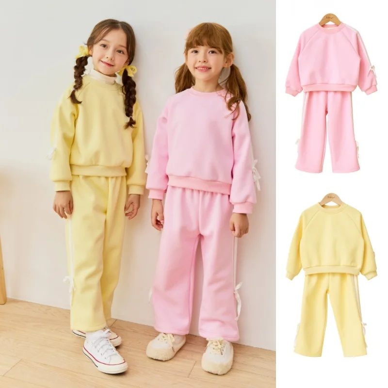 Girls' Sweatshirt Set 2024 Autumn And Winter New Pink Fashion Plus Cashmere Warm Hoodie Pure Cotton Bow Lace Top For Children