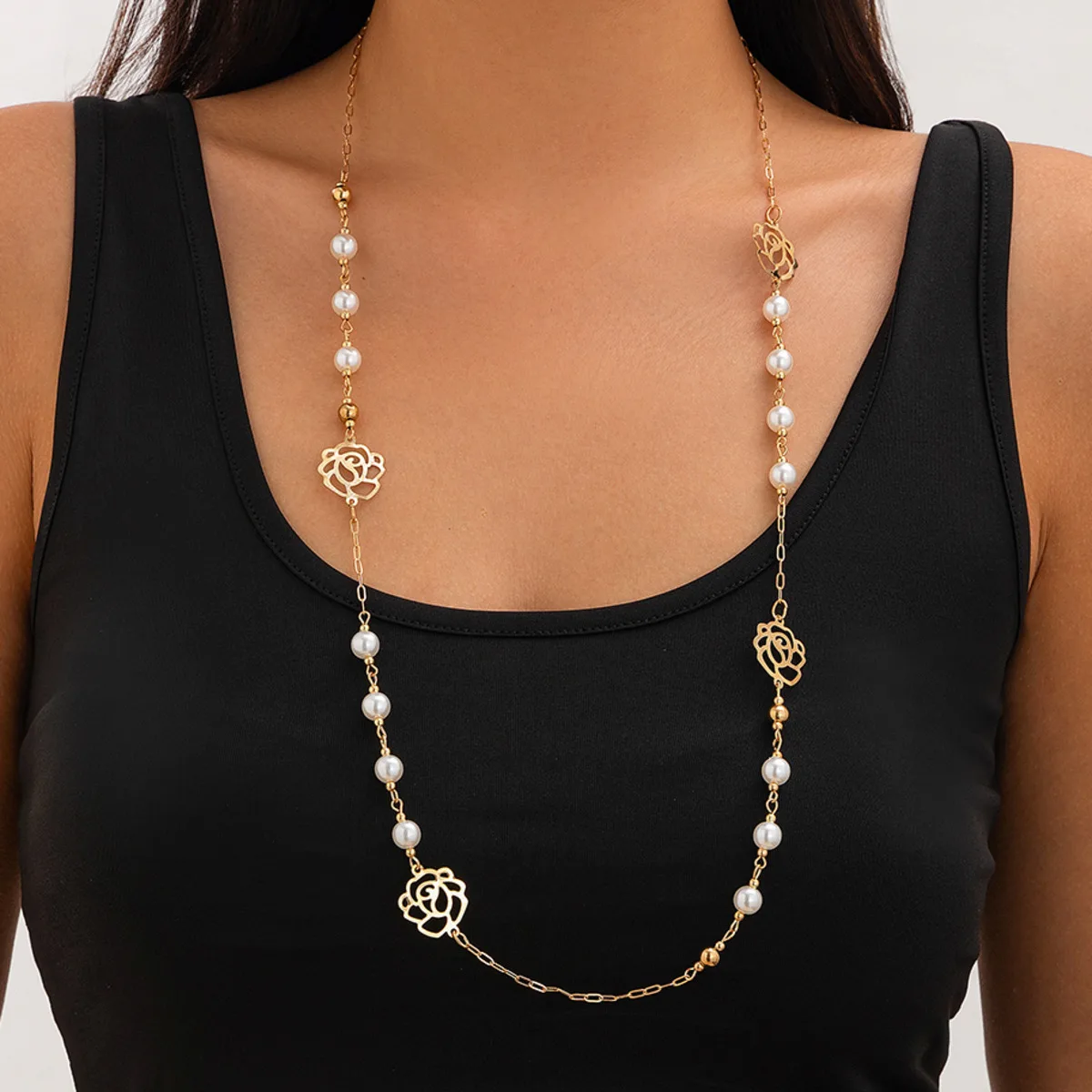 

IngeSight.Z Simple Rose Flower Imitation Pearl Chain Necklace Women Charm Trendy Chest Long Chain Necklace Ladies Party Jewelry