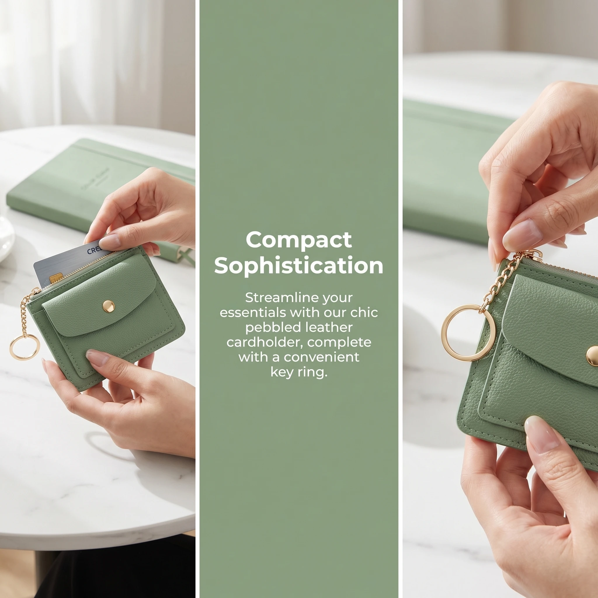 Schlanke grüne PU-Leder-Geldbörse für Damen, Kartenhalter, Schlüsselanhänger, Reißverschluss, als Geschenk, Mini-Münzbörse mit Knopfverschluss und Sichtfenster für Karten – Detail 1