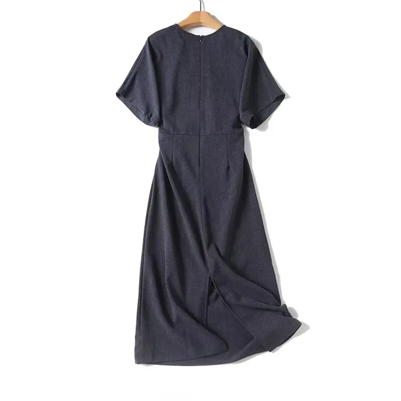 Maxdutti French Minimalist Pleated Dress Women Casual Elegant Short Sleeve Vestidos Grey Midi Dress For Commuting