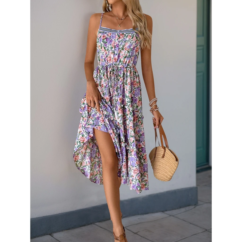 2025 vestido longo feminino sem mangas com estampa de flores em camadas praia patchwork elegante alça espaguete vestido de férias