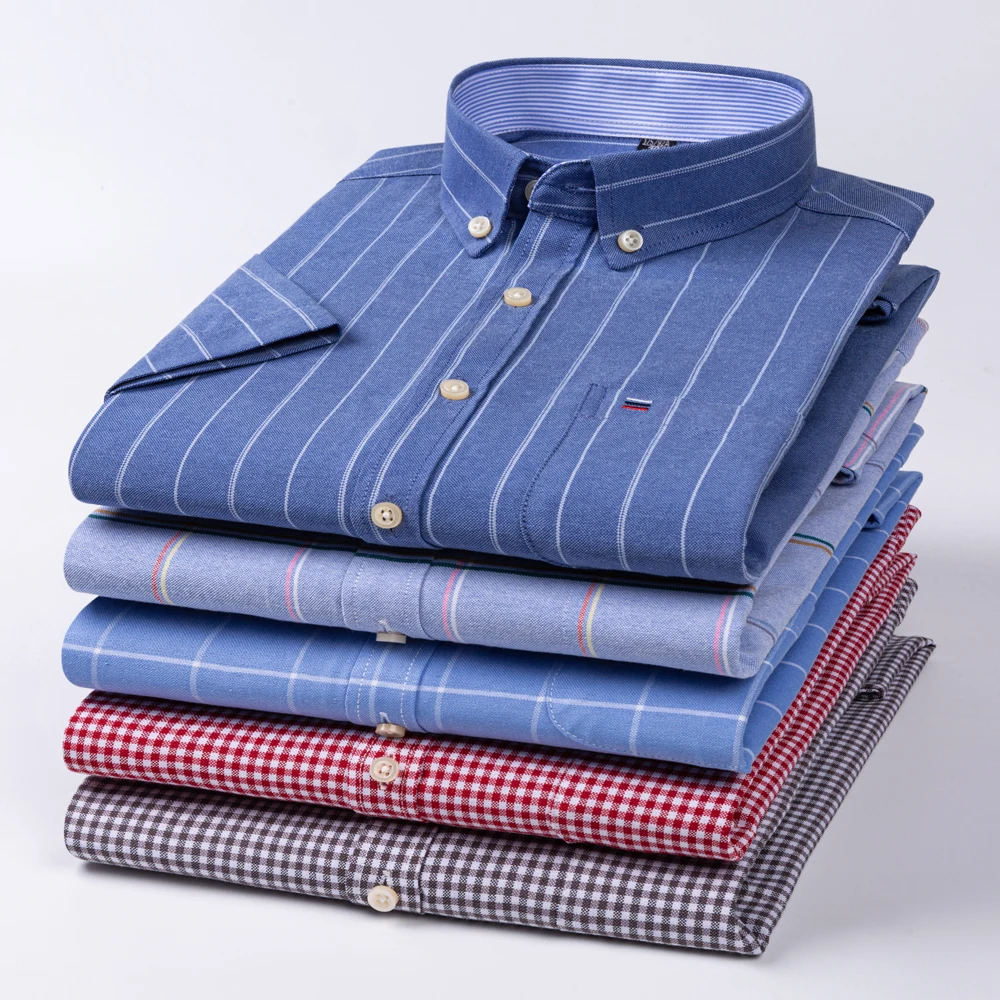 

Men's Plaid Striped Short Sleeve Button Down Shirts Comfy Cotton Regular Fit Pocket Spring Summer Casual Gingham Oxford Shirts