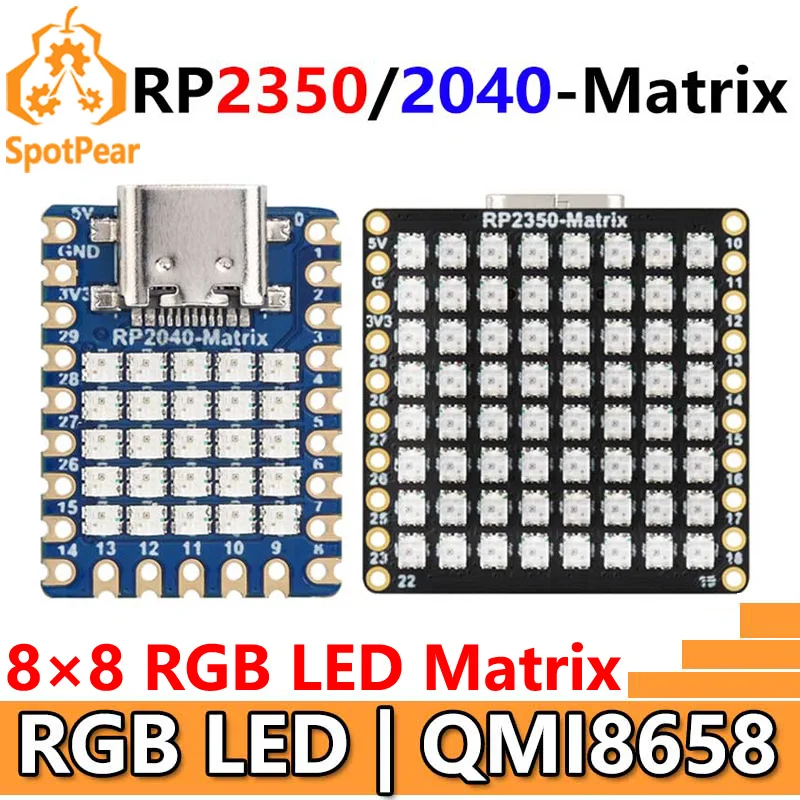 Raspberry Pi Pico 2 RP2350-Matrix Development Board 8×8 RGB LED Matrix QMI8658 6-Axis Sensor RP2040-Matrix