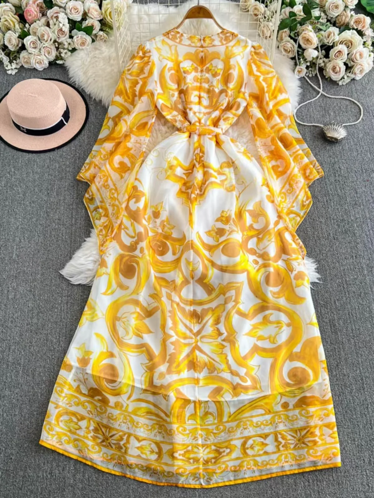 French High-end V-Neck Printed Dress For Women Autumn Temperament Chiffon Flared Sleeves Tie-up Slim A-Line Casual Long Skirt